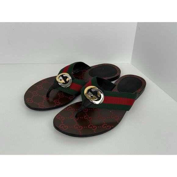 Gucci Kika GG Stripe Leather Flip Flop Thong Slip-On Sandals - Picture 1 of 8